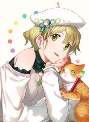 Rule 34 | 1girl, animal on arm, arm rest, asahikawa hiyori, beret, blonde hair, cat, clover, color guide, detached collar, detached sleeves, floral print, four-leaf clover, green eyes, hat, hat ornament, head rest, looking at viewer, open mouth, original, paintbrush, palette (object), paw print, short hair, simple background, solo, sweater, white background, white sweater