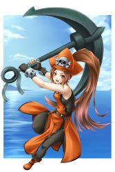 Rule 34 | 1girl, anchor, arc system works, bad id, bad pixiv id, blush, brown eyes, brown hair, fingerless gloves, gloves, guilty gear, hat, highres, long hair, may (guilty gear), mochi.f, orange hat, orange shirt, pantyhose, pirate, pirate hat, shirt, skull and crossbones, solo