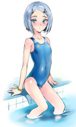 Rule 34 | 1boy, blue eyes, blue hair, blue one-piece swimsuit, blush, bulge, coin rand, competition swimsuit, crossdressing, hair ornament, hairclip, highres, male focus, one-piece swimsuit, original, pool, poolside, short hair, soaking feet, solo, swimsuit, trap, water