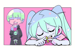 Rule 34 | 1boy, 1girl, aqua hair, bare arms, black hood, black hoodie, black pants, black sleeves, blunt bangs, border, character request, closed eyes, colored skin, commentary request, copyright request, cowboy shot, cupcake, drinking straw, drooling, earrings, eyelashes, food, green hair, green ribbon, grey skin, hair between eyes, hand in pocket, holding, holding food, hood, hood down, hoodie, jewelry, long hair, long sleeves, nail polish, open mouth, outside border, pants, pink background, pink nails, pink shirt, pink sleeves, ribbon, shirt, short sleeves, simple background, single earring, smile, sparkle, t-shirt, teeth, terada tera, twintails, upper body, upper teeth only, waist ribbon, white border