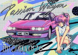 Rule 34 | 1980s (style), 1girl, blue eyes, bow, breasts, car, chewing gum, citroen, citroen xm, covered collarbone, earrings, english text, hair behind ear, hair bow, highres, jewelry, long hair, medium breasts, mizucat, motor vehicle, oldschool, original, own hands together, pink hair, polka dot, polka dot bow, polka dot skirt, ponytail, retro artstyle, shirt, skirt, sleeveless, sleeveless shirt, solo, squatting, vehicle focus, vehicle name, white bow, white footwear, white shirt, white skirt