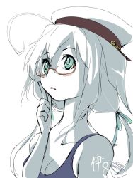 Rule 34 | 10s, 1girl, 2016, 4suke, ahoge, aqua eyes, aqua ribbon, artist name, bare arms, bare shoulders, blush, breasts, character name, cleavage, collarbone, dated, fang, finger to cheek, finger to face, glasses, hair between eyes, hair ribbon, hat, i-8 (kancolle), kantai collection, long hair, low twintails, medium breasts, one-piece swimsuit, open mouth, red-framed eyewear, ribbon, sailor hat, school swimsuit, simple background, solo, spot color, swimsuit, twintails, upper body, white background