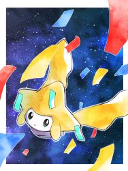 Rule 34 | absurdres, black eyes, border, commentary request, creatures (company), game freak, gen 3 pokemon, highres, jirachi, legendary pokemon, looking at viewer, mythical pokemon, nintendo, no humans, outdoors, outline, paper, parted lips, pokemon, pokemon (creature), pokke tuki, sky, solo, space, star (sky), starry sky, white border