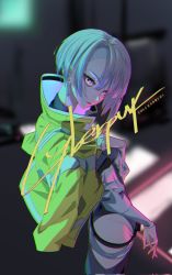 Rule 34 | 1girl, cyberpunk, cyberpunk (series), cyberpunk edgerunners, cyborg, from side, highres, jacket, jacket on shoulders, leotard, looking at viewer, lucy (cyberpunk), multicolored hair, open clothes, open jacket, parted bangs, pekopeko s v i e l, short hair, solo, standing, white hair