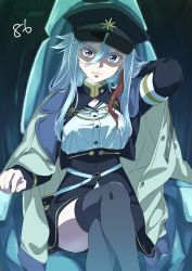 Rule 34 | 1girl, 86 -eightysix-, adjusting hair, arm behind head, arm support, belt, black jacket, black skirt, blue eyes, breasts, closed mouth, coat, coat on shoulders, copyright name, covered erect nipples, crossed legs, hair between eyes, hat, highres, jacket, large breasts, long hair, looking at viewer, military, military hat, military uniform, miniskirt, multicolored hair, multiple belts, official art, red hair, serious, shaded face, silver hair, sitting, skirt, solo, streaked hair, thighhighs, tsuji ayaka, uniform, vladilena millize, zettai ryouiki