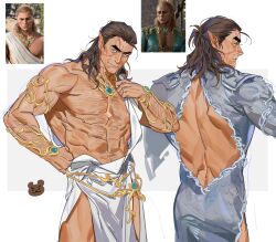 Rule 34 | 1boy, abs, absurdres, alternate costume, ancient greek clothes, arm hair, back, backless dress, backless outfit, baldur&#039;s gate, baldur&#039;s gate 3, bara, bare back, bare pectorals, blue dress, border, braid, brown eyes, brown hair, chest hair, chiton, dark skin, dress, dungeons &amp; dragons, elf, facial tattoo, gold bracelet, gold necklace, greensalad350, grey border, hairy, half updo, halsin, hand on own hip, highres, jewelry, large pectorals, looking at viewer, looking to the side, male focus, mature male, medium hair, multiple braids, multiple views, muscular, muscular male, necklace, nipples, open clothes, open shirt, pectorals, pendant, pointy ears, scar, scar on face, side braids, simple background, smile, sparse arm hair, sparse chest hair, tattoo, thick arms, thick eyebrows, white background