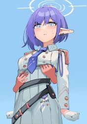 Rule 34 | 1girl, aoi (blue archive), aqua eyes, asymmetrical hair, belt, blue archive, blue background, blue necktie, blush, clenched hands, closed eyes, closed mouth, cropped jacket, disembodied limb, dress, ear piercing, gloves, halo, hand under clothes, jacket, long sleeves, looking at viewer, mole, mole under eye, necktie, piercing, pointy ears, purple hair, short hair, simple background, simplecar, solo, sweat, white dress, white gloves, white jacket