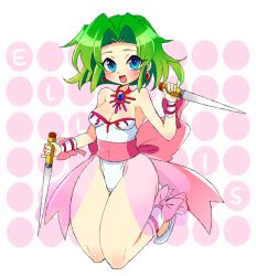 Rule 34 | 1girl, bad id, bad pixiv id, blue eyes, bow, breasts, character name, choker, cleavage, dagger, dual wielding, earrings, ellis (toushinden), eyelashes, green hair, hair intakes, holding, holding dagger, holding knife, holding weapon, jewelry, knees together feet apart, knife, leotard, no bra, open-mail, pink background, polka dot, polka dot background, ribbon, shoes, short hair, sidelocks, smile, solo, toushinden, weapon