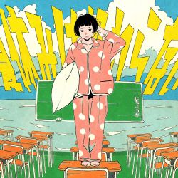 Rule 34 | 1girl, barefoot, black eyes, black hair, blunt bangs, cloud, cloudy sky, commentary request, cotoh tsumi, desk, full body, highres, holding, holding pillow, long sleeves, looking at viewer, original, pajamas, pillow, pink pajamas, polka dot, polka dot pajamas, short hair, sky, solo, standing, translation request