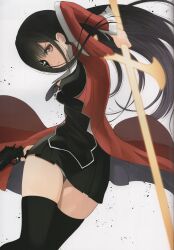 Rule 34 | 1girl, absurdres, black dress, black hair, breasts, coat, cross, cross necklace, dress, eyepatch, gun, handgun, highres, holding, holding weapon, jewelry, long hair, long sleeves, looking at viewer, medium breasts, necklace, open clothes, open coat, original, panties, parted lips, red eyes, revolver, scan, short dress, simple background, solo, sword, thighhighs, tony taka, trigger discipline, underwear, weapon