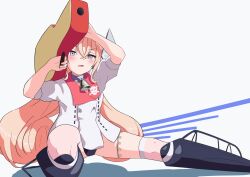 Rule 34 | 1girl, absurdres, ballet boots, bell, black one-piece swimsuit, coat, collar, desperado, drum (kancolle), green eyes, guitar case, hair rings, headgear, highres, instrument case, kantai collection, l meet, metal collar, neck bell, one-piece swimsuit, parody, pink hair, skull print, solo, swimsuit, swimsuit under clothes, white background, white coat