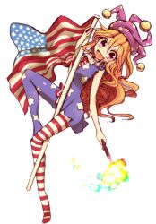 Rule 34 | 1girl, american flag, american flag dress, american flag legwear, blonde hair, clownpiece, fang, flag, full body, hat, jester cap, kuresento, looking at viewer, open mouth, pantyhose, print pantyhose, red eyes, simple background, sleeveless, smile, solo, star (symbol), striped clothes, striped pantyhose, touhou, white background