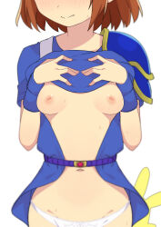 Rule 34 | 1girl, arle nadja, blue shirt, blush, breasts, brown hair, closed mouth, clothes lift, commentary request, embarrassed, head out of frame, highres, inverted nipples, lifted by self, medium breasts, morisobo, navel, panties, puyopuyo, shirt, shirt lift, short hair, simple background, solo, stomach, sweat, underwear, white background, white panties