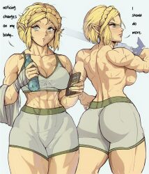 Rule 34 | 1girl, abs, ass, blonde hair, bottle, cellphone, cowboy shot, english text, frown, hand wraps, highres, huge ass, looking to the side, master sword, median furrow, muscular, muscular female, nintendo, phone, pointy ears, princess zelda, scar, shorts, smartphone, solo, sweat, sword, tank top, the legend of zelda, the legend of zelda: tears of the kingdom, toned, topless, towel, water bottle, weapon, white background, yellow eyes, yoracrab