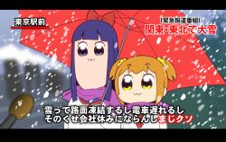 Rule 34 | 10s, 2girls, :3, bkub (style), bow, hair bow, hair ornament, hair scrunchie, interview, letterboxed, meme, microphone, multiple girls, official style, pipimi, poptepipic, popuko, school uniform, scrunchie, shared umbrella, sidelocks, snow, snowing, special feeling (meme), totora, two side up, umbrella, yellow scrunchie