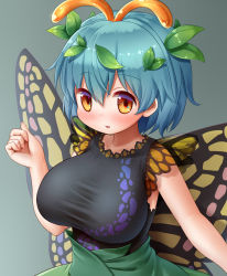 Rule 34 | 1girl, alternate breast size, antennae, arinu, black shirt, blouse, blue hair, breasts, brown eyes, butterfly wings, dress, eternity larva, green skirt, hair ornament, highres, insect wings, large breasts, leaf, leaf on head, looking at viewer, shirt, short hair, short sleeves, simple background, skirt, sleeveless, sleeveless shirt, solo, taut clothes, taut shirt, touhou, upper body, wings