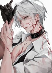 Rule 34 | 1boy, black gloves, blood, blood on arm, blood on clothes, blood on face, blood on hands, character request, copyright request, deadprince, gloves, highres, jewelry, looking at viewer, necklace, necktie, open clothes, open mouth, shirt, short hair, simple background, single glove, solo, standing, white background, white hair, white shirt, yellow eyes