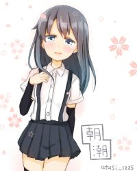 Rule 34 | 10s, 1girl, :d, arm warmers, asashio (kancolle), atsushi (aaa-bbb), black hair, blue eyes, character name, kantai collection, long hair, open mouth, pleated skirt, school uniform, skirt, smile, solo, suspenders, twitter username
