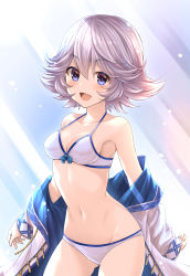 Rule 34 | 1girl, bare shoulders, bikini, blue eyes, blush, breasts, clothes down, colored eyelashes, cowboy shot, farrah (granblue fantasy), flipped hair, front-tie top, granblue fantasy, groin, highres, looking at viewer, medium breasts, open mouth, short hair, sideboob, silver hair, solo, swimsuit, thighs, tomo (tmtm mf mf), white bikini