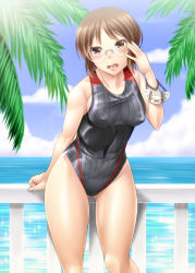 Rule 34 | 10s, 1girl, ayato, bad id, bad pixiv id, balcony, breasts, brown eyes, brown hair, competition swimsuit, covered erect nipples, girls und panzer, glasses, highres, medium breasts, one-piece swimsuit, sasagawa kanon, short hair, swimsuit