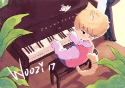 Rule 34 | 1boy, animal ear fluff, animal ears, black eyes, blonde hair, cat ears, cat tail, character name, collared shirt, commentary, copyright name, curtains, english commentary, feet out of frame, indoors, instrument, leaf, light blush, long sleeves, looking at viewer, male focus, music, on stool, plant, playing instrument, playing piano, potted plant, real life, red vest, seventeen (group), shirt, short hair, sitting, sleeves past wrists, solo, suna--chan, tail, vest, white shirt, white sleeves, woozi (seventeen)