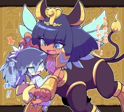 Rule 34 | 2girls, animal ears, blue eyes, centauroid, egyptian, fangs, fubukihime, japanese clothes, kimono, kurekurepatra, monster girl, multicolored hair, multiple girls, multiple tails, nollety, open mouth, purple hair, sphinx, tail, taur, translation request, two-tone hair, two tails, youkai (youkai watch), youkai watch