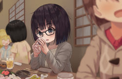 Rule 34 | 4girls, :d, black-framed eyewear, black hair, blonde hair, blue eyes, blurry, blurry background, blurry foreground, brown hair, cameo, chopsticks, commentary request, creatures (company), cup, depth of field, drawstring, drinking glass, faceless, faceless female, food, game freak, glasses, gloria (pokemon), grey jacket, highres, holding, holding cup, indoors, jacket, lillie (pokemon), lonely, long sleeves, mimikaki (men bow), mug, multiple girls, nintendo, open clothes, open jacket, open mouth, original, pokemon, pokemon sm, pokemon swsh, selene (pokemon), shirt, short hair, short sleeves, smile, table, white shirt