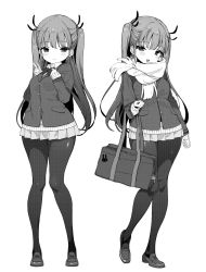 Rule 34 | 1girl, absurdres, animal print, bag, blazer, bow, bowtie, buttons, greyscale, hair ribbon, highres, holding, holding bag, jacket, loafers, long hair, looking at viewer, miniskirt, monochrome, multiple views, open mouth, original, pantyhose, pleated skirt, rabbit print, ribbon, scarf, school bag, school uniform, shoes, skirt, smile, standing, takakura, twintails, v, wing collar