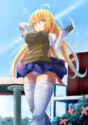 Rule 34 | + +, 1girl, adjusting hair, arms up, bag, between breasts, blonde hair, breasts, chain, chair, controller, day, elbow gloves, flower, gloves, handbag, highres, impossible clothes, irohara, long hair, looking at viewer, medium breasts, multicolored eyes, outdoors, panties, pantyshot, pleated skirt, remote control, school uniform, shokuhou misaki, short sleeves, skindentation, skirt, sky, smile, solo, sparkle, spider web print, standing, strap between breasts, sweater vest, symbol-shaped pupils, table, thighhighs, toaru kagaku no railgun, toaru majutsu no index, underwear, upskirt, white gloves, white panties, white thighhighs, yellow eyes