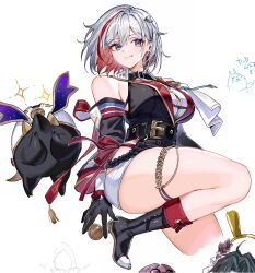 Rule 34 | 1boy, 2girls, black footwear, black gloves, black hair, blade (honkai: star rail), blue eyes, boots, breasts, chain, coin, colored inner hair, commentary request, gloves, high heels, highres, holding, holding coin, honkai: star rail, honkai (series), kafka (honkai: star rail), large breasts, long sleeves, medium hair, multicolored hair, multiple girls, numby (honkai: star rail), purple hair, red hair, shizakiya, simple background, smile, solo focus, topaz (honkai: star rail), trotter (honkai: star rail), two-tone hair, white background, white hair