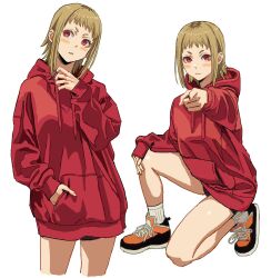 Rule 34 | 1girl, absurdres, blonde hair, chainsaw man, hand in pocket, highres, hood, hoodie, looking at viewer, looking to the side, multicolored hair, on one knee, pointing, pointing at another, red eyes, red hoodie, roots (hair), sawatari akane (chainsaw man), shiren (ourboy83), short hair, short shorts, shorts, simple background, slit pupils, solo, white background