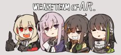 Rule 34 | 4girls, amonitto, anti-rain (girls&#039; frontline), black hair, brown eyes, closed eyes, commentary request, cropped torso, english text, eyepatch, girls&#039; frontline, green hair, grey background, headgear, headphones, headphones around neck, light brown hair, long hair, m16a1 (girls&#039; frontline), m4 sopmod ii (girls&#039; frontline), m4a1 (girls&#039; frontline), middle finger, multicolored hair, multiple girls, open mouth, pink eyes, pink hair, red eyes, scarf, st ar-15 (girls&#039; frontline), streaked hair, teeth