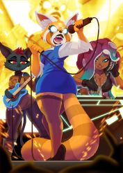 Rule 34 | 3girls, aggressive retsuko, animal ear fluff, aqua eyes, aqua hair, ass, bass guitar, black gloves, blue skirt, boots, breasts, brown legwear, brown shirt, cat, cleavage, colored sclera, commission, dark-skinned female, dark skin, facial mark, fingerless gloves, forehead mark, furry, furry female, gloves, glowing, glowing eyes, high heels, highres, holding, holding microphone, instrument, mae borowski, marina (splatoon), microphone, mole, mole under mouth, multicolored hair, multiple girls, night in the woods, nintendo, nitw, octoling, open mouth, pants, pencil skirt, phonograph, plectrum, purple hair, red eyes, red hair, red pants, retsuko, rock band, screaming, shirt, skirt, splatoon (series), stage, standing, tail, tentacle hair, thighhighs, tovio rogers, turntable, twisted torso, two-tone hair, yellow background, yellow sclera, zipper