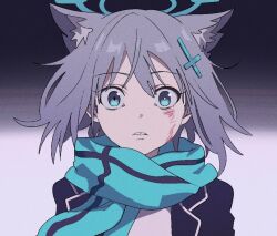 Rule 34 | 1girl, animal ear fluff, animal ears, black jacket, blazer, blue archive, blue eyes, blue scarf, cross hair ornament, grey hair, hair between eyes, hair ornament, halo, jacket, looking at viewer, mismatched pupils, momomatang, open clothes, open jacket, parted lips, scarf, shiroko (blue archive), simple background, solo, upper body