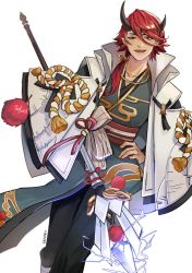 Rule 34 | 1boy, bishounen, electricity, fangs, hand on own hip, horns, japanese clothes, jewelry, kadeart, long bangs, long hair, long sleeves, looking at viewer, male focus, onmyoji, open mouth, pointy ears, red hair, short hair with long locks, smile, solo, staff, tassel, twitter username, yasha (onmyoji), yellow eyes