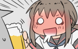 Rule 34 | 1girl, alcohol, beer, beer mug, black sailor collar, brown hair, commentary, cup, drooling, drunk, english commentary, ergot, fubuki (kancolle), fubuki kai ni (kancolle), grey background, kantai collection, long hair, low ponytail, lowres, mug, o o, open mouth, ponytail, sailor collar, saliva, short ponytail, sidelocks, simple background, solo, upper body