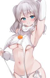 Rule 34 | 1girl, absurdres, aqua eyes, arm up, armpits, breasts, food, fruit, grey hair, highres, kantai collection, kashima (kancolle), large breasts, looking at viewer, meme attire, navel, orange (fruit), smile, solo, sweat, sweater, twintails, underwear, virgin destroyer sweater, white background, yoshino (mfmfpng)