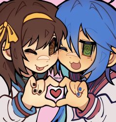 2girls ;p arakianco black_nails blue_hair blue_nails blue_sailor_collar brown_eyes brown_hair commentary english_commentary green_eyes hair_between_eyes hair_ribbon hairband hand_up heart heart_hands heart_hands_duo highres izumi_konata kita_high_school_uniform long_hair long_sleeves looking_at_viewer lucky_star multiple_girls nail_polish one_eye_closed red_sailor_collar ribbon ryouou_school_uniform sailor_collar school_uniform suzumiya_haruhi suzumiya_haruhi_no_yuuutsu tongue tongue_out twitter_username upper_body voice_actor_connection winter_uniform yellow_hairband yellow_ribbon