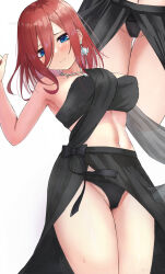 Rule 34 | 1girl, arm up, armpits, black dress, black panties, blue eyes, blush, breasts, closed mouth, cowboy shot, dress, earrings, frown, go-toubun no hanayome, hair between eyes, highres, irarei (araisanblog), jewelry, large breasts, long hair, multiple views, nakano miku, navel, necklace, paid reward available, panties, red hair, simple background, solo, thighs, underwear, variant set, white background