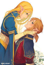 Rule 34 | 1boy, 1girl, arms behind back, artist name, blonde hair, blue dress, blue eyes, blush, bouquet, breasts, bridal gauntlets, brown shirt, couple, dress, eorinamo, flower, green eyes, hair between eyes, hand in another&#039;s hair, hetero, highres, holding, holding bouquet, link, long hair, looking at another, looking to the side, low ponytail, medium breasts, medium hair, nintendo, open mouth, parted bangs, pointy ears, princess zelda, profile, red shirt, shirt, shirt under shirt, sidelocks, silent princess, the legend of zelda, the legend of zelda: breath of the wild, upper body, white background, wide sleeves