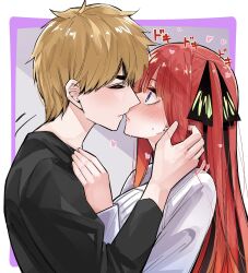 Rule 34 | 1boy, 1girl, after kiss, black hair, black ribbon, black shirt, blonde hair, blue eyes, breasts, butterfly hair ornament, closed eyes, commentary, go-toubun no hanayome, hair ornament, hair ribbon, hand in another&#039;s hair, hand up, heart, highres, large breasts, long hair, long sleeves, mame1645, motion lines, nakano nino, pink hair, profile, ribbon, saliva, shirt, translated, uesugi fuutarou, upper body, white shirt, wig