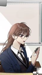 Rule 34 | 1boy, blue jacket, brown hair, cellphone, chair, choi sora, classroom, dreaming freedom, highres, jacket, open mouth, phone, red eyes, school uniform, shirt, short hair, sitting, smile, solo, table, very short hair, white shirt