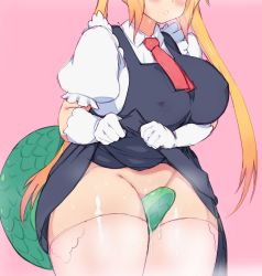 Rule 34 | 1girl, between legs, blonde hair, blush, breasts, clothes lift, collared shirt, covered erect nipples, dot nose, dragon, dragon girl, dragon tail, elbow gloves, female masturbation, gloves, gradient hair, highres, kobayashi-san chi no maidragon, large breasts, lifting own clothes, long hair, maid, masturbation, multicolored hair, necktie, open mouth, pink background, puffy short sleeves, puffy sleeves, pussy juice, scales, shirt, short sleeves, skirt, skirt lift, solo, spadess, standing, tail, tail between legs, tail censor, thick thighs, thighhighs, thighs, tohru (maidragon), twintails, white gloves