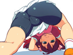 Rule 34 | 1girl, all fours, ass, bike shorts, blush, brown hair, commentary request, from behind, green eyes, jacket, kneepits, legs, long hair, looking back, looking through own legs, om (nk2007), ribbon, saru getchu, sayaka (saru getchu), shorts, shorts under skirt, sketch, skirt, solo, spread legs, top-down bottom-up, twintails