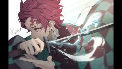 Rule 34 | 1boy, bad id, bad pixiv id, black jacket, brown eyes, brown hair, earrings, forehead, highres, holding, holding sword, holding weapon, hoshizaki reita, hydrokinesis, jacket, jewelry, kamado tanjirou, kimetsu no yaiba, long sleeves, looking away, male focus, open clothes, pillarboxed, scar, scar on face, scar on forehead, signature, solo, sword, upper body, water, weapon, wide sleeves