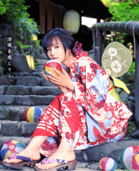 Rule 34 | 1girl, ball, hand fan, geta, japanese clothes, paper fan, photo (medium), solo, uchiwa