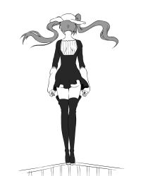 Rule 34 | 1girl, ass, back, bleach, boots, dokugamine riruka, dress, female focus, floating hair, from behind, full body, gluteal fold, hanya (hanya yashiki), hat, highres, legs together, long hair, monochrome, simple background, solo, standing, twintails, two side up, white background