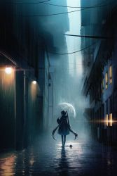 Rule 34 | 1girl, alley, building, cloud, cloudy sky, coat, from behind, highres, holding, holding umbrella, long hair, original, outdoors, rain, sky, standing, tacco (tikeworld), twintails, umbrella, very long hair, water, wire