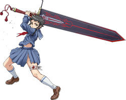 Rule 34 | 00s, bandages, braid, full body, holding, holding sword, holding weapon, huge weapon, minagi mikoto, my-hime, nigou, school uniform, serafuku, simple background, socks, solo, striped clothes, striped socks, sword, torn clothes, twin braids, two-handed, weapon, white background