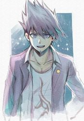 Rule 34 | 10s, 1boy, coat, collarbone, collared shirt, danganronpa (series), faux traditional media, grin, hair between eyes, hamadaichi, highres, jacket, jacket on shoulders, long sleeves, looking at viewer, male focus, md5 mismatch, momota kaito, danganronpa v3: killing harmony, open mouth, overcoat, pants, purple eyes, purple hair, purple pants, resized, school uniform, shirt, short hair, simple background, smile, solo, space, sparkle, spiked hair, teeth
